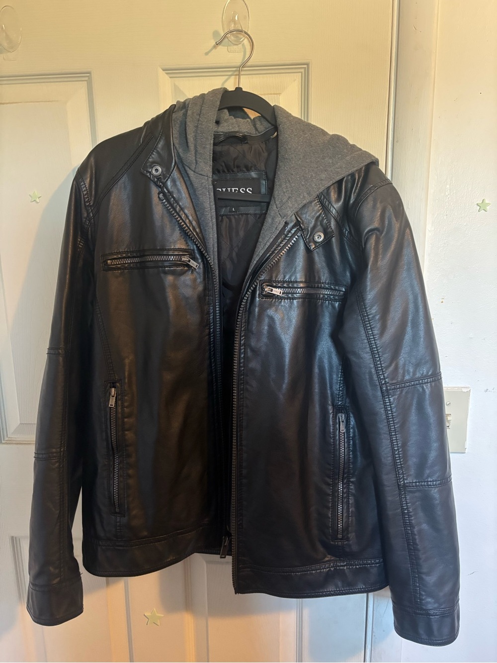 Guess Black Faux Leather Jacket with Gray Removable Hood